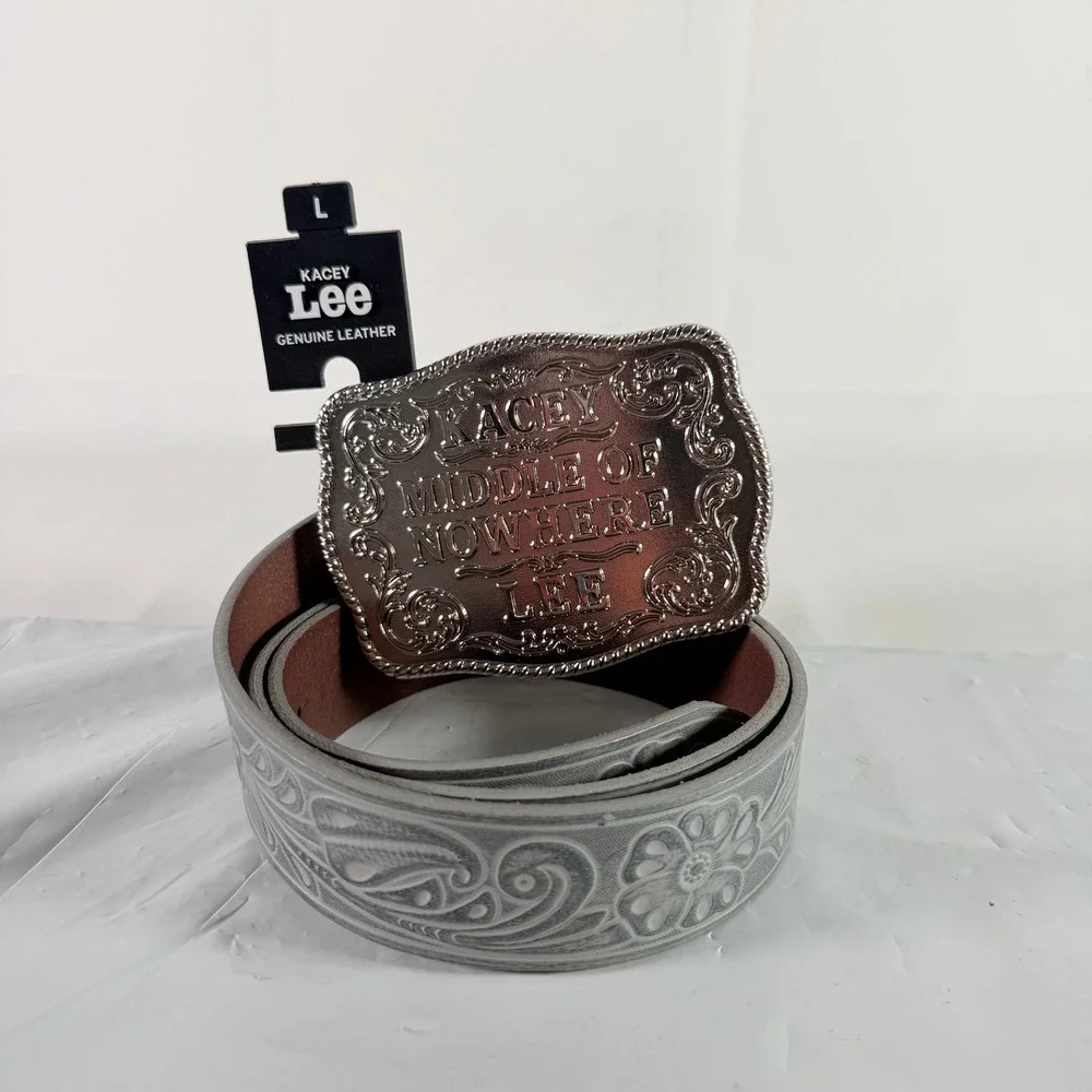 Kacey Lee Women's Leather Belt Middle of Nowhere Western Buckle Blue Size L